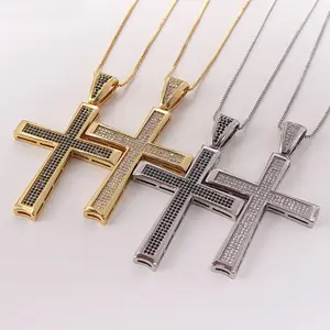Estilo religioso moda Cubic Zirconia Cruz colgantes cadena collar 18K chapado en oro mujeres hombres Cruz gargantilla joyería
