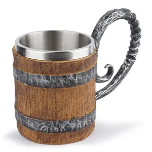 Wooden Barrel Beer Mug, Double Wall Stainless Steel Vintage Beer Cup, Handmade Wooden Stein Drinkware tumbler cup