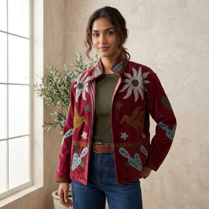 Veste courte en velours luxueux et doux, style bohème, broderie Suzani, motif cactus et oiseaux, manteau d'hiver tendance - Product Image 1