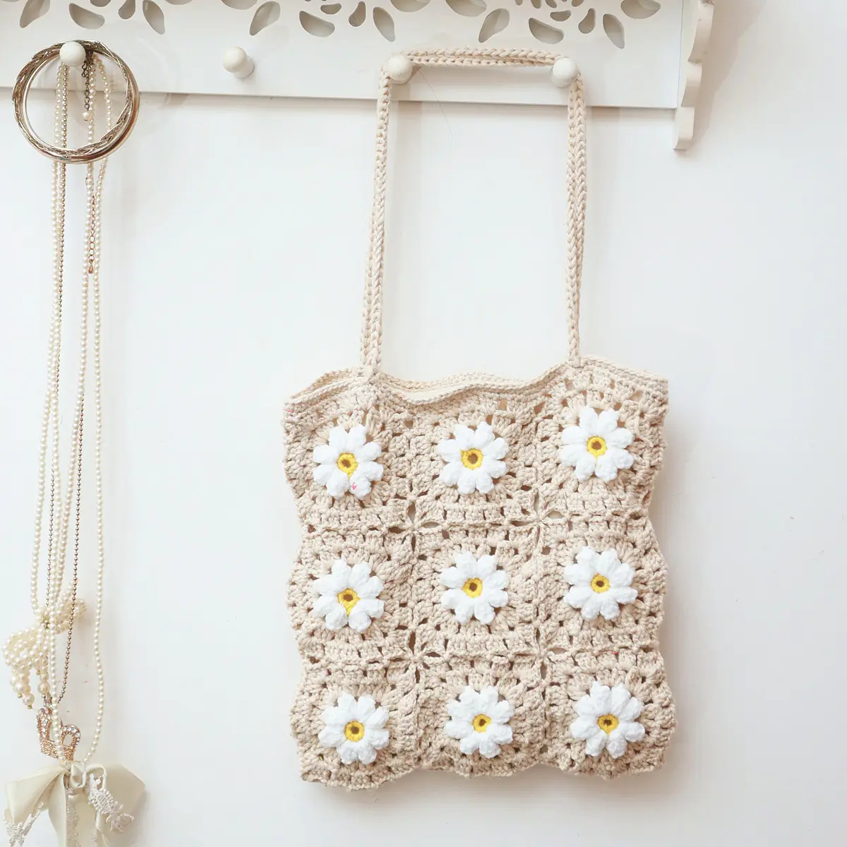 Fancy Hot Style Handmade Floral Knitting Crochet Yarn Net White Daisy Flower Pattern Tote Handbag Shoulder Beach Bag