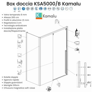 Kamalu KSA5000GM moderna cabina doccia 80x130 rettangolare telaio in alluminio 8mm pistola metallo ABS vetro quadrato stile per il bagno - Product Image 3