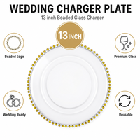 Assiette décorative ronde en plastique acrylique transparent de 13 pouces avec bordure en perles dorées pour mariage, assiette à dîner pour événement
