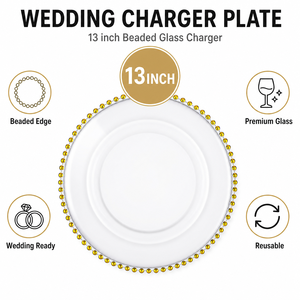 Matrimonio 13 pollici decorativo rotondo acrilico trasparente piatto di plastica con perline d'oro cerchio per eventi cena piatto - Product Image 5