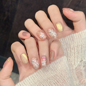 การออกแบบ # เล็บปลอมแบบกดติดลายดอกไม้ทรงแคทอายสั้นเรียบหรู 3486 ชิ้น ประดับกลิตเตอร์สีทอง ทำมือ 10 ชิ้น - Product Image 2