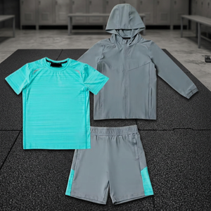Ensemble sportif 3 pièces pour garçons : veste à capuche, short et t-shirt gris-vert, séchage rapide, léger, en polyester, pour l'été, vêtements de sport pour enfants - Product Image 6