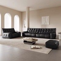 Canapé en cuir capitonné à boutons, profond, 4 places, noir, mobilier de salon moderne, ensemble de canapés sectionnels pour la maison et l'appartement