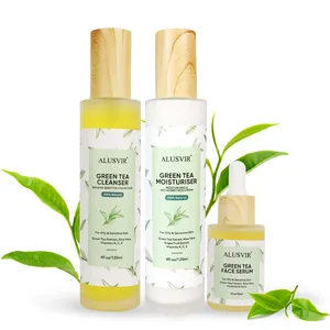 Serum clareador de pele com brilho, conjunto de produtos naturais para cuidados com a pele, chá verde, clareador e higienizador facial