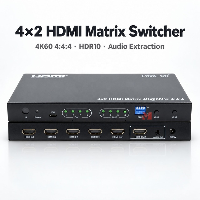 4K 4x2 HDMI Matrix HDMI Video Matrix Switcher 4 in 2 Out with Panel Button IR Control