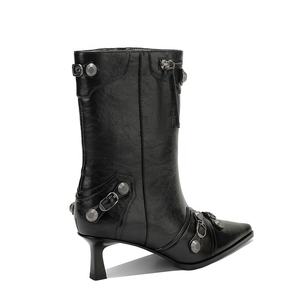 Botas de Invierno Occidentales Negras Personalizadas para Mujer, Marca Moncheer, con Punta Puntiaguda, Altura Media, Adornos Metálicos y Detalle de Hebilla, OEM ODM Disponible - Product Image 4