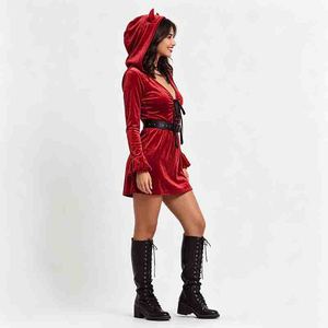 Robe de démon en velours rouge pour femme avec capuche à cornes, mini-robe gothique à lacets avec ceinture, <span class=keywords><strong>tenue</strong></span> de cosplay pour Halloween - Product Image 6