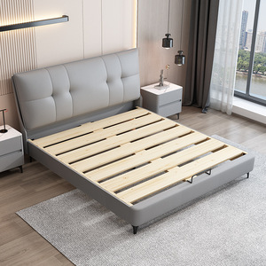 เตียงหุ้มเบาะ 1.8x2 ม. หนังสีเทา โครงไม้สน เฟอร์นิเจอร์ห้องนอน - Product Image 1