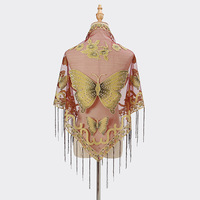 Écharpe triangulaire en dentelle transparente multicolore à motif papillon brodé avec franges pour femmes, à prix avantageux