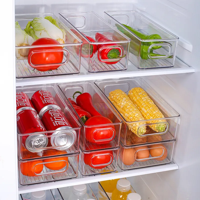 Kaliteli şeffaf plastik organizatör depolama istiflenebilir gıda eşya kutuları için buzdolabı, mutfak dayanıklı depolama rafı