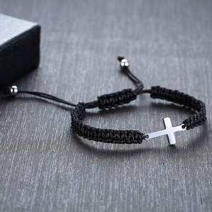 Handmade Woven Red Black Stainless Steel Cross <b>Bracelet</b> Trendy Religious Bangles with Diamond Hot Sale for <b>Couples</b> Friends - Product Image 5