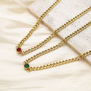 Fashion Cuban Chain Necklace With Zircon Inlay <b>Red</b> Green Color For Women Gift Geometric Design Zinc Alloy <b>Material</b> - Product Image 4