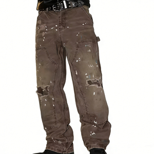 Pantalones Cargo Vintage de Pierna Recta, Vaqueros de Mezclilla Desgastados con Lavado Intenso y Efecto Salpicado de Tinta, con Doble Rodilla, Diseño Exclusivo para Hombre - Product Image 2