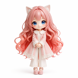 Figurine en vinyle Oreilles de chat Bouton Perle Cheveux ondulés rose corail Yeux bleus Manteau en dentelle <span class=keywords><strong>Pantalon</strong></span> blanc à volants Boîte surprise Cadeau en gros - Product Image 1