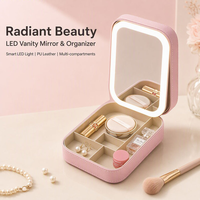 LED Makeup Mirror Organizer Box PU Leather Vanity Case Light Ring Multi-Compartment Cosmetic Jewelry Storage Travel OEM