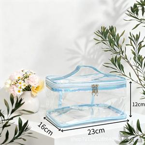 Sac de maquillage portable à 2 couches, grande capacité, réutilisable, étui de transport pour cosmétiques, organisateur imperméable en PVC transparent, exposition en supermarché - Product Image 4