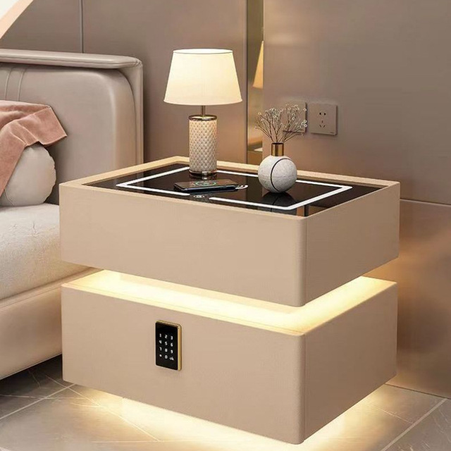Floating Bedroom Storage Cabinet Modern and Simple Solid Wood Ceramic Smart Bedside Table