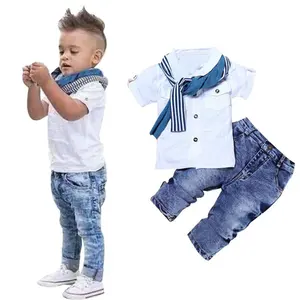 Set Pakaian Anak Laki-laki, Kaus + Syal + Jeans Dicuci Kualitas Tinggi Keren Musim Panas Eropa dan Amerika