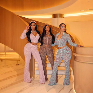 2026 Yeni Kadın Seksi Moda Günlük Baskılı Fermuarlı Uzun Kollu Göbeği Açık Leopar Desenli 2 Parça Uzun Takım - Product Image 2