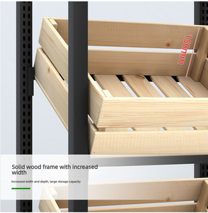Expositor de madera plegable de 2 niveles con contenedores de listones, estructura metálica, de pie, resistente, para frutas, verduras y vinos. - Product Image 6