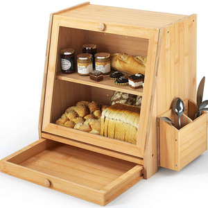 Bamboo Desktop Bread Box 15x9.8x14.6 Inch Double Drawer Storage With Adjustable Shelf For Home <b>Kitchen</b> Use - Product Image 5