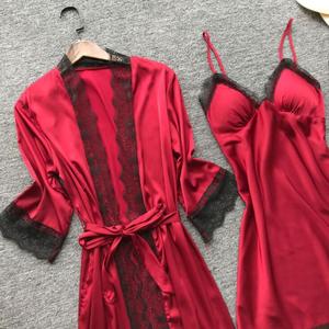 Conjunto de 4 piezas de satén para mujer, pijama de noche, batas de seda personalizadas, ropa de descanso de diseñador, camisón. - Product Image 5
