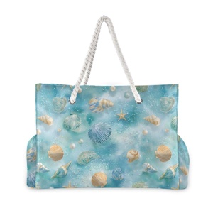 Custom Print Logo Beach Bag Tote Bag Women Nylon Summer Blue Sea Shells Design Extra Large Weekender Bag with Rope Handle - Product Image 2