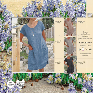 Spring Summer Women Casual <b>Dresses</b> <b>Loose</b> Print Short-sleeve O-neck Breathable Knitting Cotton Linen Front - Product Image 3