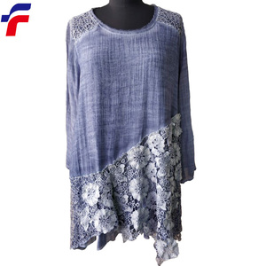 Alla moda Del Merletto Decorato <span class=keywords><strong>Blu</strong></span> Freddo Sporco di Tintura in Capo Delle Signore Tessuto Camicetta - Product Image 1