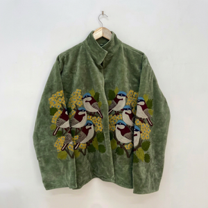 Bohemian Green <b>Velvet</b> Embroidered Suzani Jacket With Sparrow Bird Pattern Full Sleeve Stand Collar Bohemian <b>Women</b> Autumn <b>Coat</b> - Product Image 1