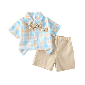 Nouvelle arrivée, tenue décontractée d'été pour garçons en 2 pièces, <span class=keywords><strong>chemise</strong></span> à manches courtes à carreaux et short abricot, ensemble de vêtements uniques pour enfants - Product Image 5