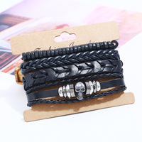 Ensemble Bracelet Tissé Crâne Gothique Tressé en Cuir Noir pour Homme Bijoux de Charme de Mode