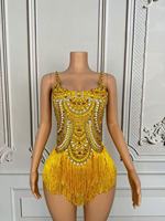 Robe de scène sexy imprimée avec des strass scintillants et des franges en spandex/polyester, costume de danse, combinaison pour femmes, performance en boîte de nuit