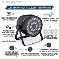 Projecteur de scène LED PAR 18x10W RGBW 4-en-1 en alliage d'aluminium DMX512 à angles de faisceau multiples pour Église, DJ, Fête, Événement
