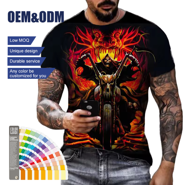 Low MOQ OEM ODM Men's 3D Fire Skull Motorcycle Graphic T-Shirt Gothic Streetwear Short Sleeve Casual Tees for Biker
