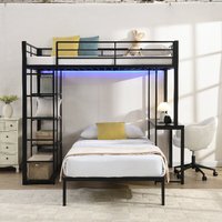 Lit superposé en acier taille double avec panneau MDF, bureau surélevé, bande lumineuse LED, étagères de rangement – Moderne, gain de place, durable pour dortoir et appartement