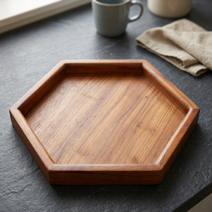 Plateau de service en verre B.S INTERNATIONAL, forme hexagonale, en acacia véritable, écologique, fait main, finition polie, passe au lave-vaisselle - Product Image 1
