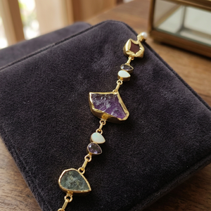 Handmade Brass Women's <b>Statement</b> <b>Necklace</b> Raw Amethyst Black Tourmaline Mother Pearl Freshwater Pearls 18K Gold Plated Chain - Product Image 3