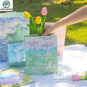 Bolsa de embalaje de taza de flor de sensación de pintura al óleo de regalo de cumpleaños de nivel de apariencia alta personalizada