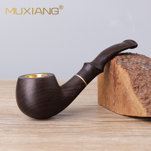 Muxiang Wooden Tobacco Pipe Bent Shape Hand Carved With Copper Bowl For Smoking - Product Image 2