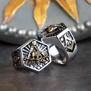 Totem maçonnique de conception unique bijoux anneaux crâne hexagonal bague pour hommes Culture maçonnique <span class=keywords><strong>Mcgrath</strong></span> acier inoxydable Hip Pop Vintage - Product Image 1