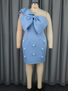 Abiti aderenti da donna monospalla con papillon cintura in vita abito azzurro elegante e sottile africano evento per celebrare l'occasione - Product Image 4