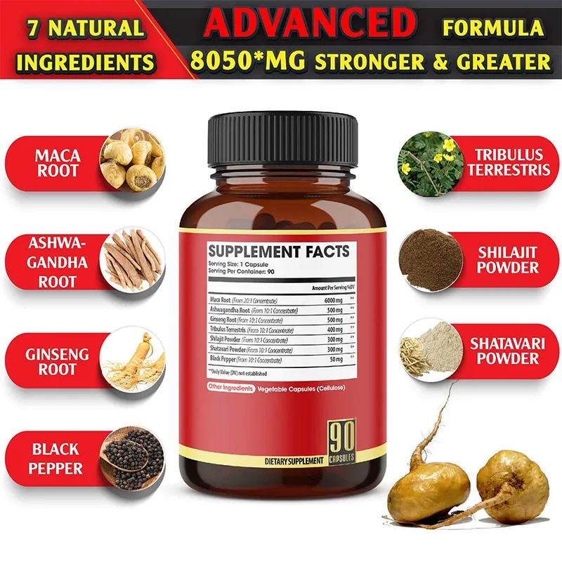 Maca plus-Suplemento orgánico, pastillas para hombre fuerte, cápsula de raíz de maca