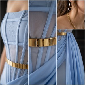 <span class=keywords><strong>Vestido</strong></span> de Noche <span class=keywords><strong>Azul</strong></span> Polvo <span class=keywords><strong>con</strong></span> Corsé para Mujer, <span class=keywords><strong>Vestido</strong></span> Largo Formal de Gasa sin Tirantes <span class=keywords><strong>con</strong></span> Cinturón <span class=keywords><strong>Dorado</strong></span>, Personalizado OEM/ODM - Product Image 2