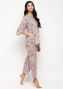 Flora Look Multi Colored Hand Block Floral Printed Soft Cotton Loose Fit Night Suit Designed For Comfortable Sleep - Product Image 5