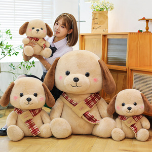 Peluche chien aux oreilles tombantes, avec écharpe à carreaux rouge et blanc, chiot en peluche beige sable, jouet compagnon de sommeil, jouets en peluche doux aux grandes oreilles, OEM - Product Image 3
