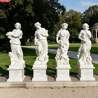 YOUFINE Ensemble de 4 sculptures de déesses des quatre saisons en fibre de verre blanches grandeur nature, sculptées à la main, statues de femmes aux motifs floraux et fruitiers avec piédestal